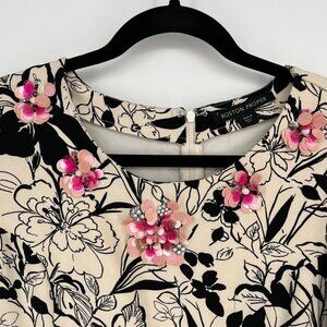 Boston Proper Womens Floral Midi Dress Size 8 Black Cream Embroidered Flutter